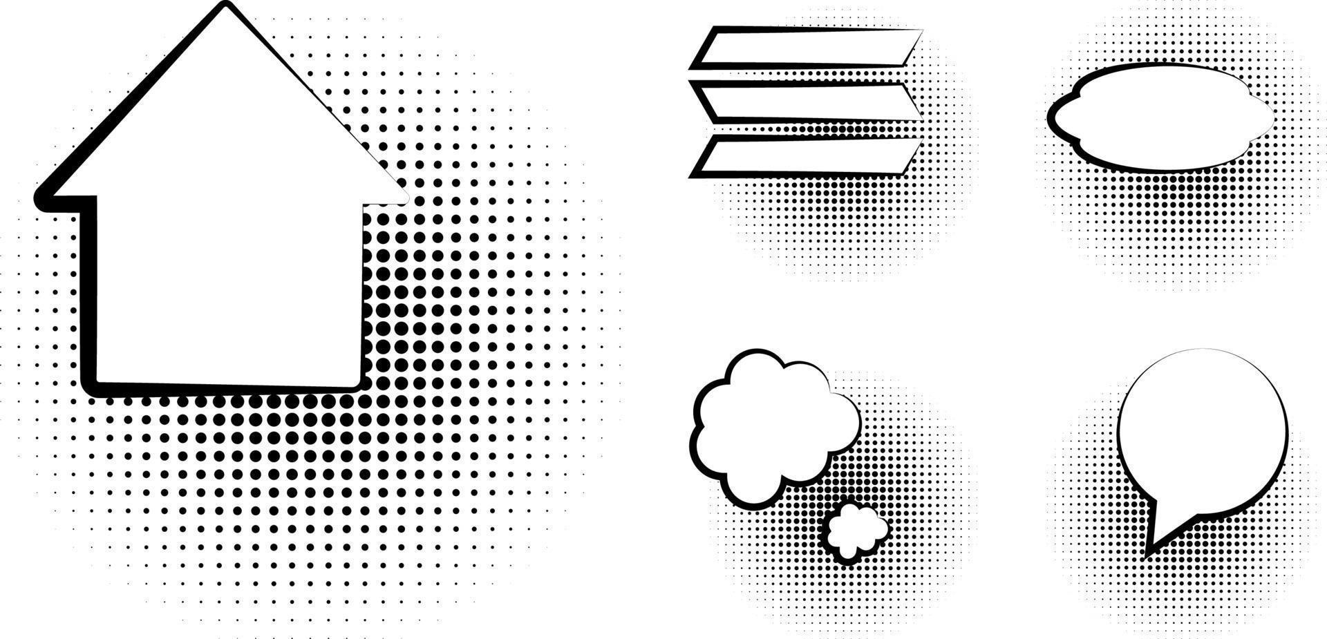 Set of blank template in Pop Art style. Vector Comic Text Speech Bubble Halftone Dot Background. Empty Cloud of Comics book dialog Space for Cartoon Box pop-art. Set of Pop Art