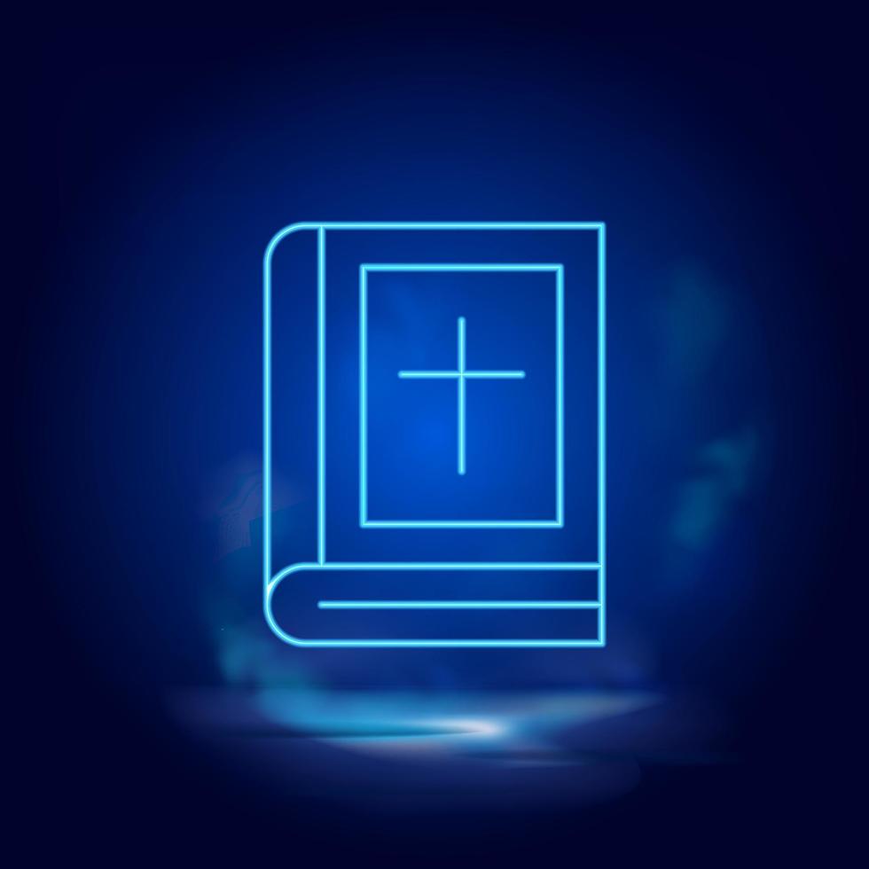 Book, cross symbol neon icon. Blue smoke effect blue background vector