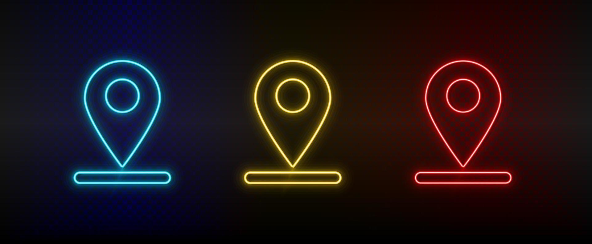 Neon icon set location, navigation. Set of red, blue, yellow neon vector icon on dark transparent background