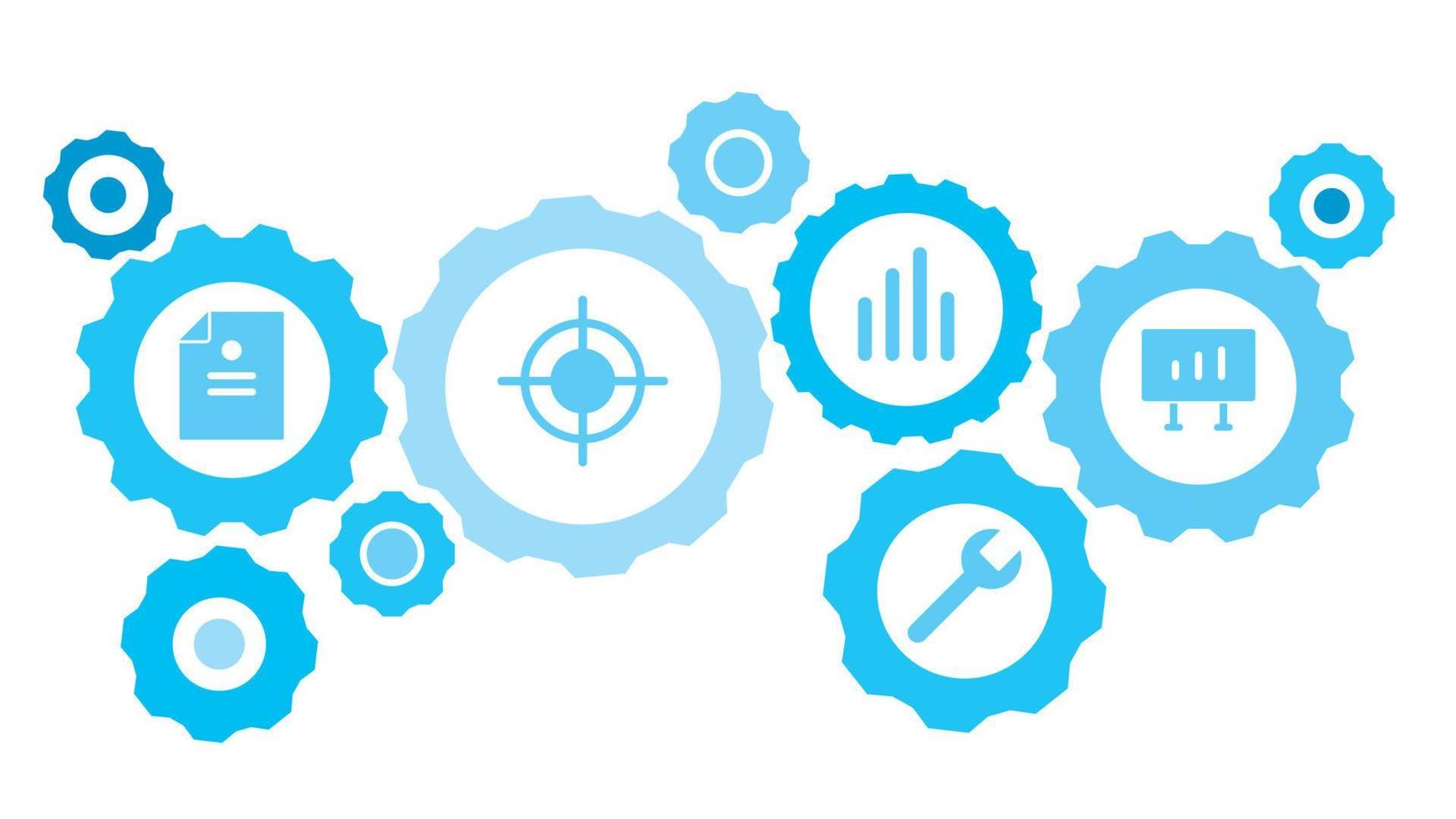 Connected gears and vector icons for logistic, service, shipping, distribution, transport, market, communicate concepts. analytics, diagram board gear blue icon set on white background