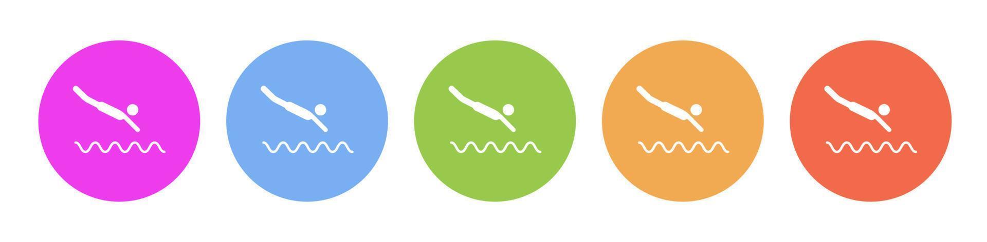 Multi colored flat icons on round backgrounds. Swimming jump multicolor circle vector icon on white background