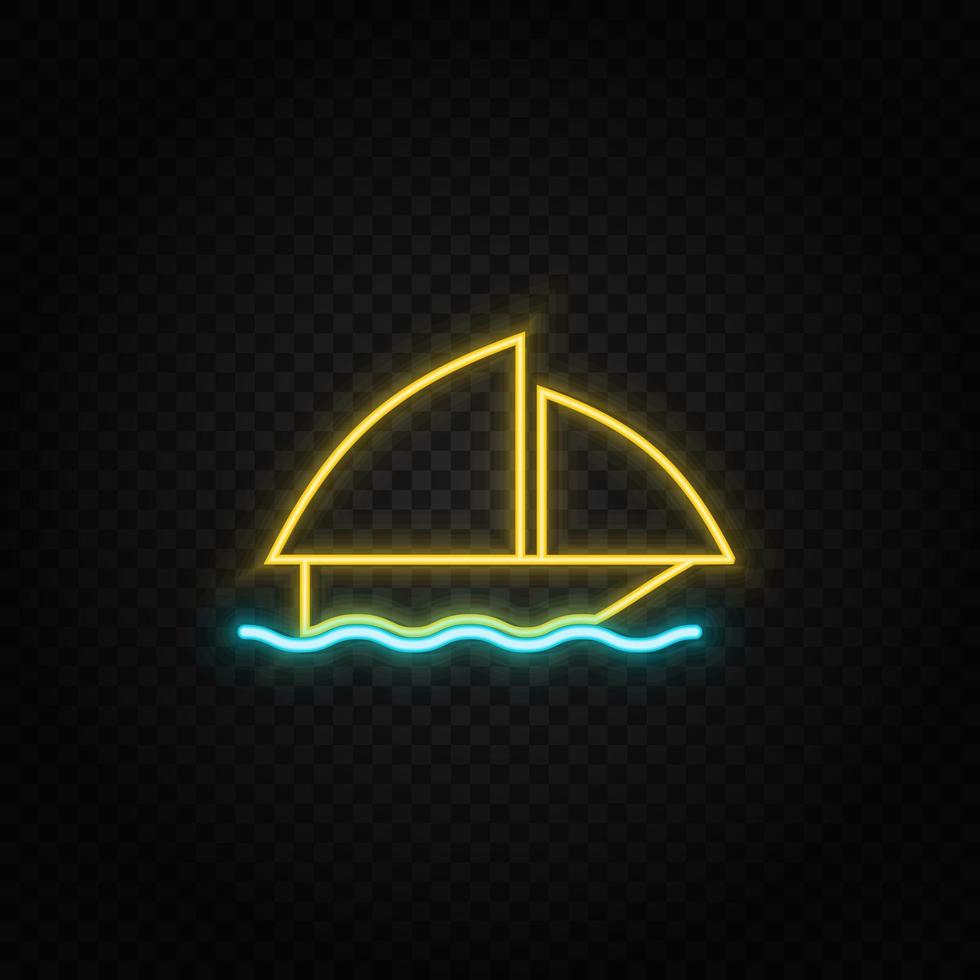 Boat. Blue and yellow neon vector icon. Transparent background.