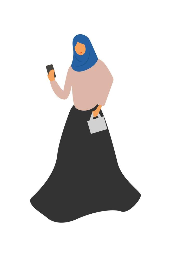 Muslim woman wearing ethnic costumes is walking with mobile phone, Muslim woman use mobile phone vector illustration.