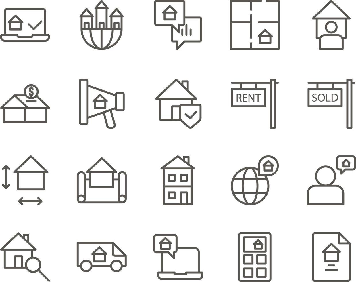 contract, document, property set vector icons. Real estate icon set. Simple Set of Real Estate Related Vector Line Icons. Contains such Icons as Map, Plan, Bedrooms on white background