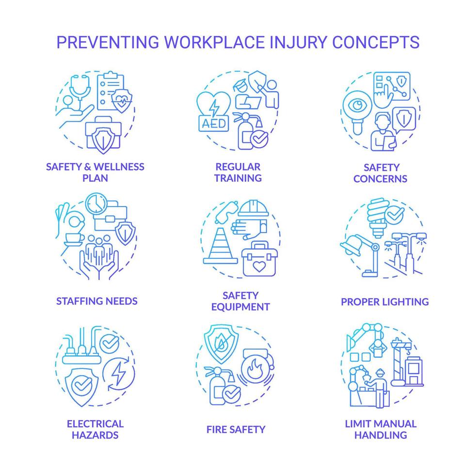 Minimizing workplace injury blue gradient concept icons set. Worker health. Creating safe workspace idea thin line color illustrations. Isolated symbols vector