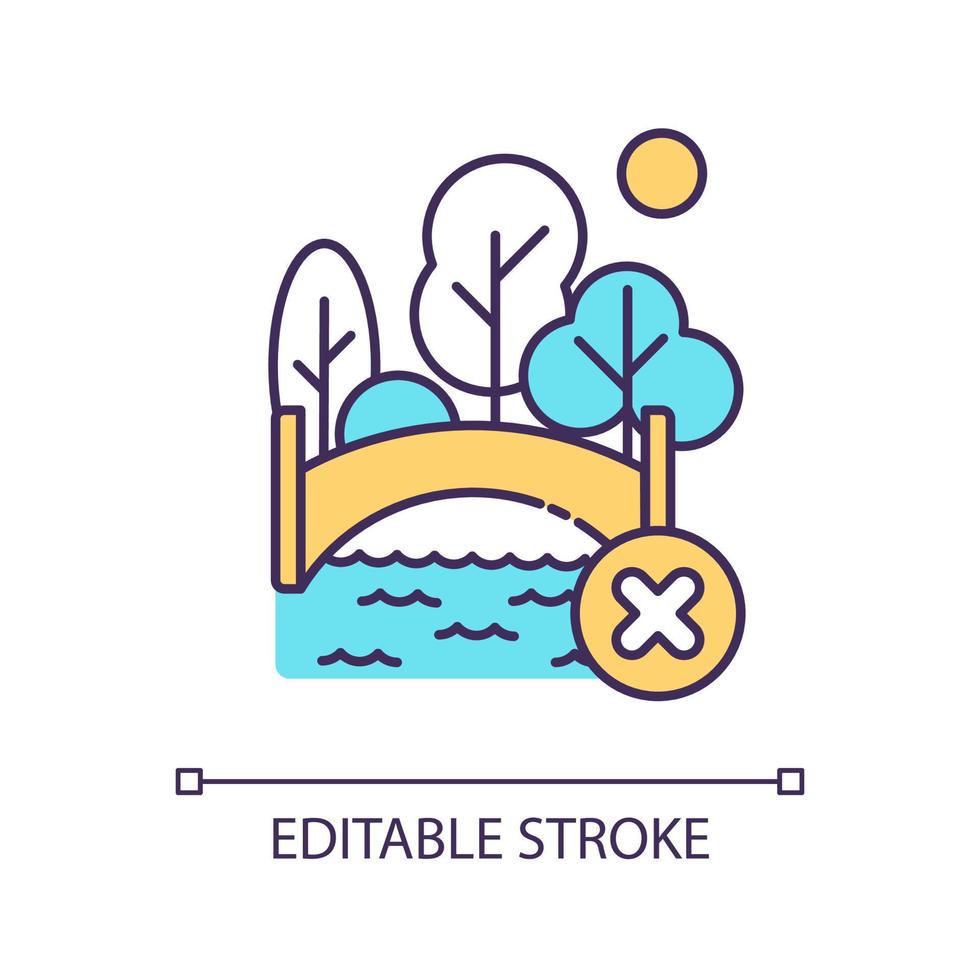 No walking on bridge RGB color icon. Denied access. Ban on outdoor activities. Recreation zone prohibition. Isolated vector illustration. Simple filled line drawing. Editable stroke