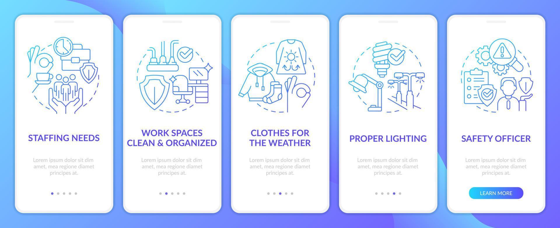 Tips to reduce workplace accidents blue gradient onboarding mobile app screen. Walkthrough 5 steps graphic instructions with linear concepts. UI, UX, GUI template vector