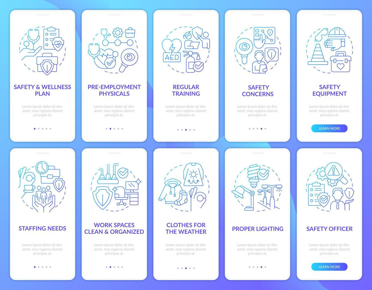 Reducing accidents at work tips blue gradient onboarding mobile app screen set. Walkthrough 5 steps graphic instructions with linear concepts. UI, UX, GUI template vector