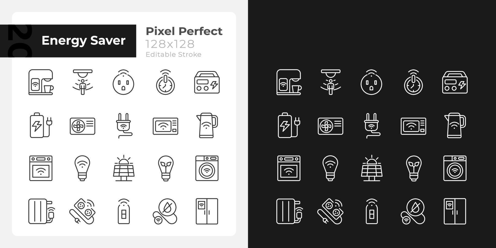 energía ahorrador píxel Perfecto lineal íconos conjunto para oscuro, ligero modo. inteligente hogar accesorios. Internet de cosas. Delgado línea símbolos para noche, día tema. aislado ilustraciones. editable carrera vector