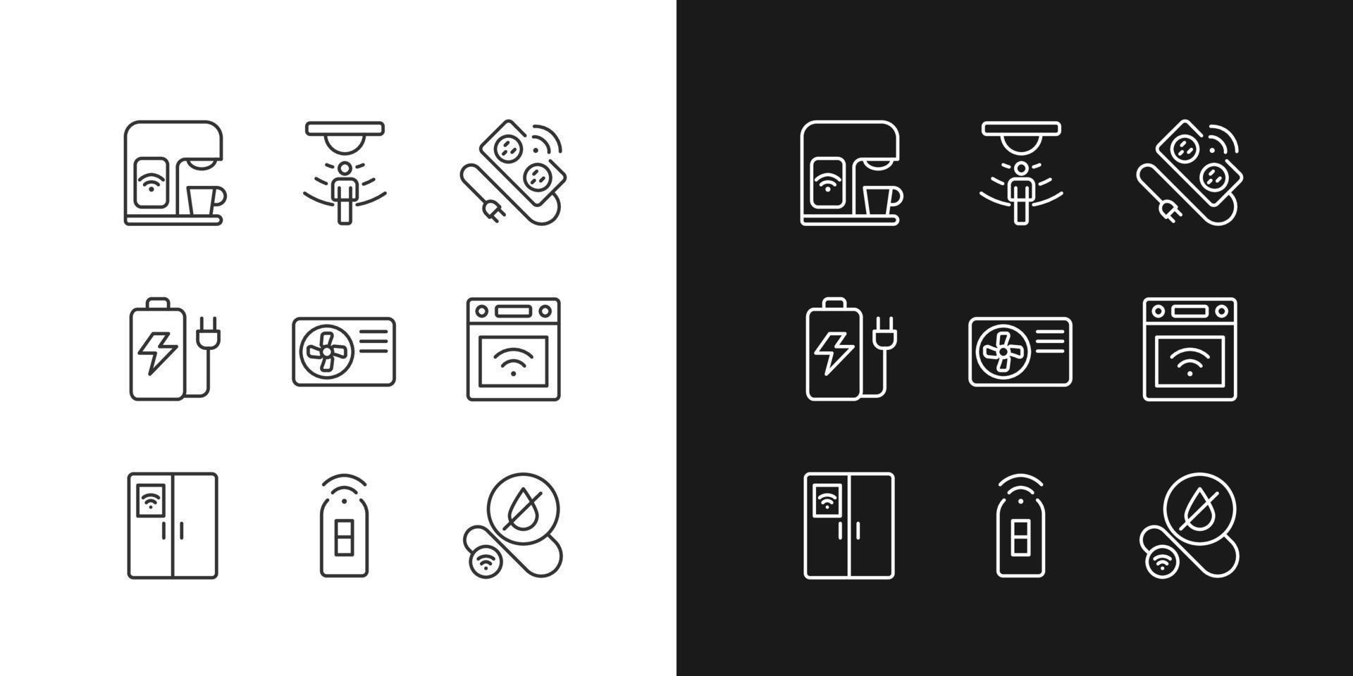 Smart appliances for home pixel perfect linear icons set for dark, light mode. Automated devices. Internet of things. Thin line symbols for night, day theme. Isolated illustrations. Editable stroke vector