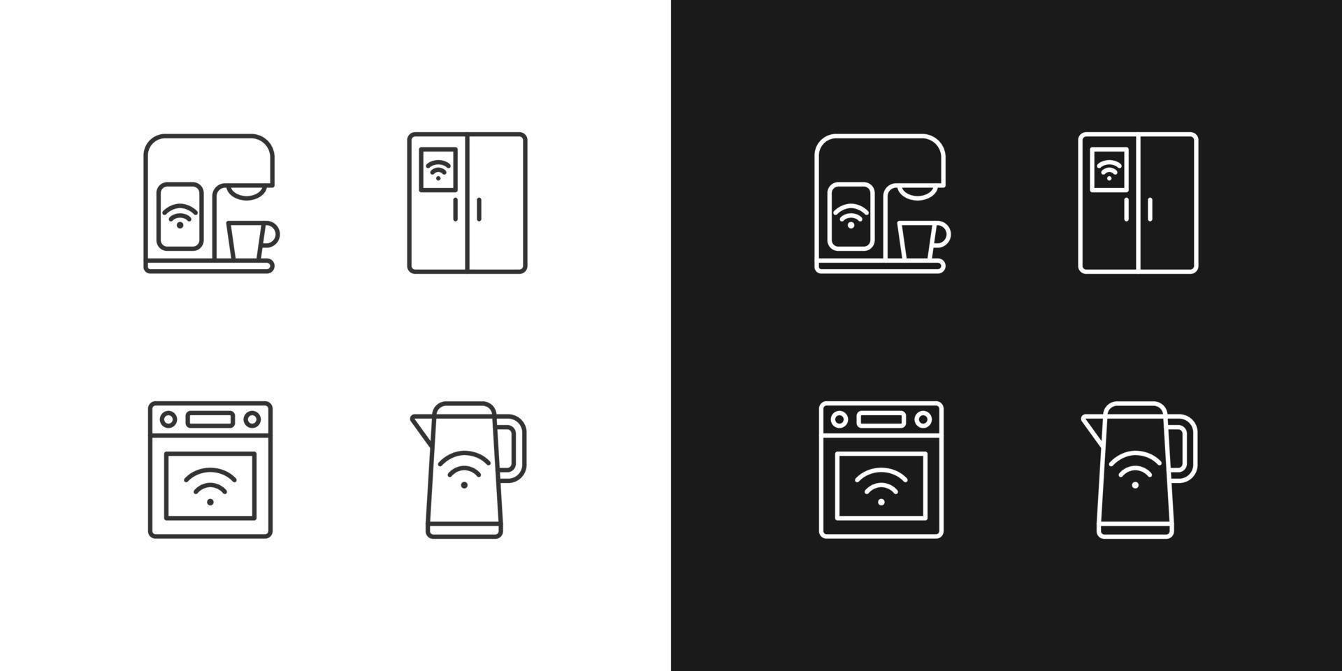 Smart kitchen appliances pixel perfect linear icons set for dark, light mode. Device for cooking. Smart home technology. Thin line symbols for night, day theme. Isolated illustrations. Editable stroke vector