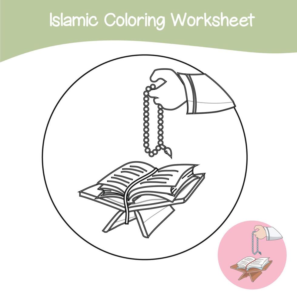 Islamic coloring worksheet. Islamic religion items coloring book. Vector set of Islamic items on white background. Vector illustrations.