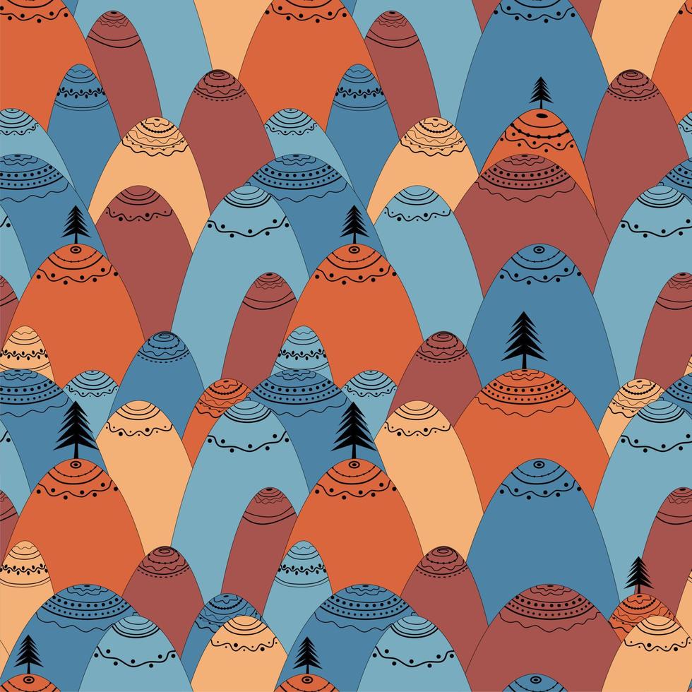 Seamless pattern with mountains and tree in Scandinavian style. Decorative background with landscape. vector