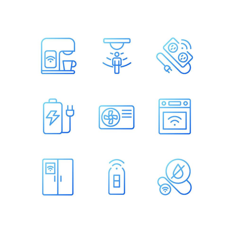 Smart appliances for home pixel perfect gradient linear vector icons set. Automated devices. Internet of things. Thin line contour symbol designs bundle. Isolated outline illustrations collection