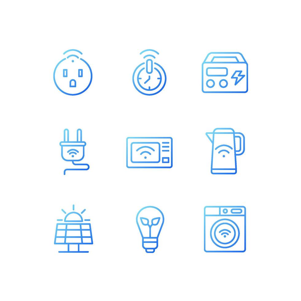 Efficient energy consumption pixel perfect gradient linear vector icons set. Smart devices. Internet of things. Thin line contour symbol designs bundle. Isolated outline illustrations collection