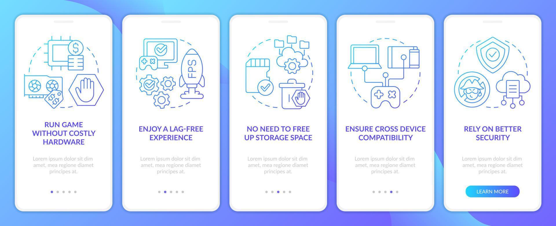 Cloud gaming benefits blue gradient onboarding mobile app screen. AR, VR walkthrough 5 steps graphic instructions with linear concepts. UI, UX, GUI template vector