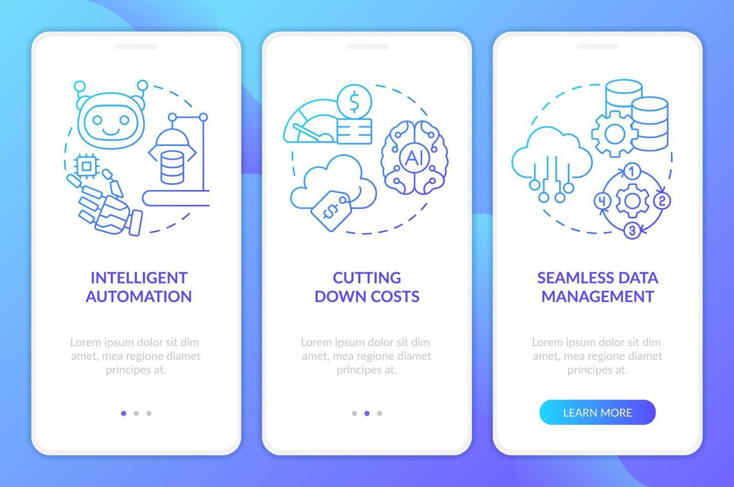 ai en base de datos informática pros azul degradado inducción móvil aplicación pantalla. recorrido 3 pasos gráfico instrucciones con lineal conceptos. ui, ux, gui modelo vector