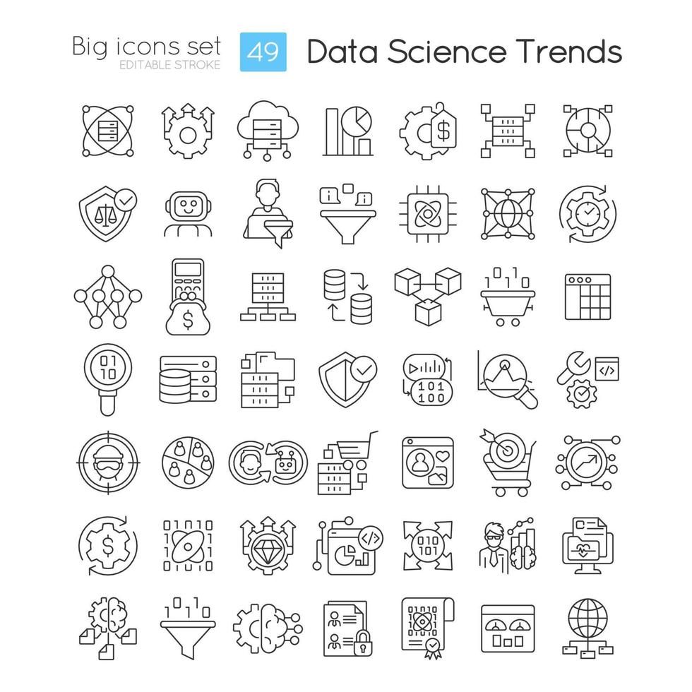 Data science trends linear icons set. Information analytics technology. Datalogy innovations. Customizable thin line symbols. Isolated vector outline illustrations. Editable stroke