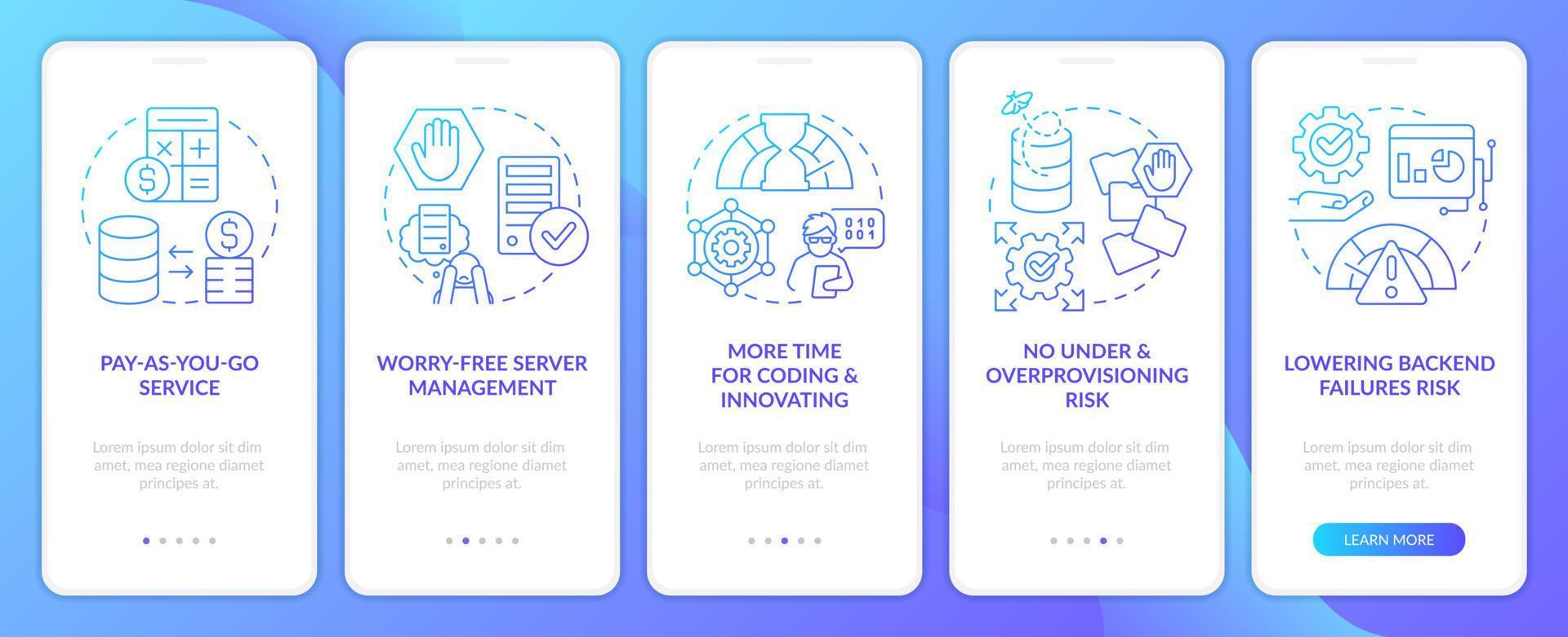 Computing cloud pros blue gradient onboarding mobile app screen. Serverless walkthrough 5 steps graphic instructions with linear concepts. UI, UX, GUI template vector