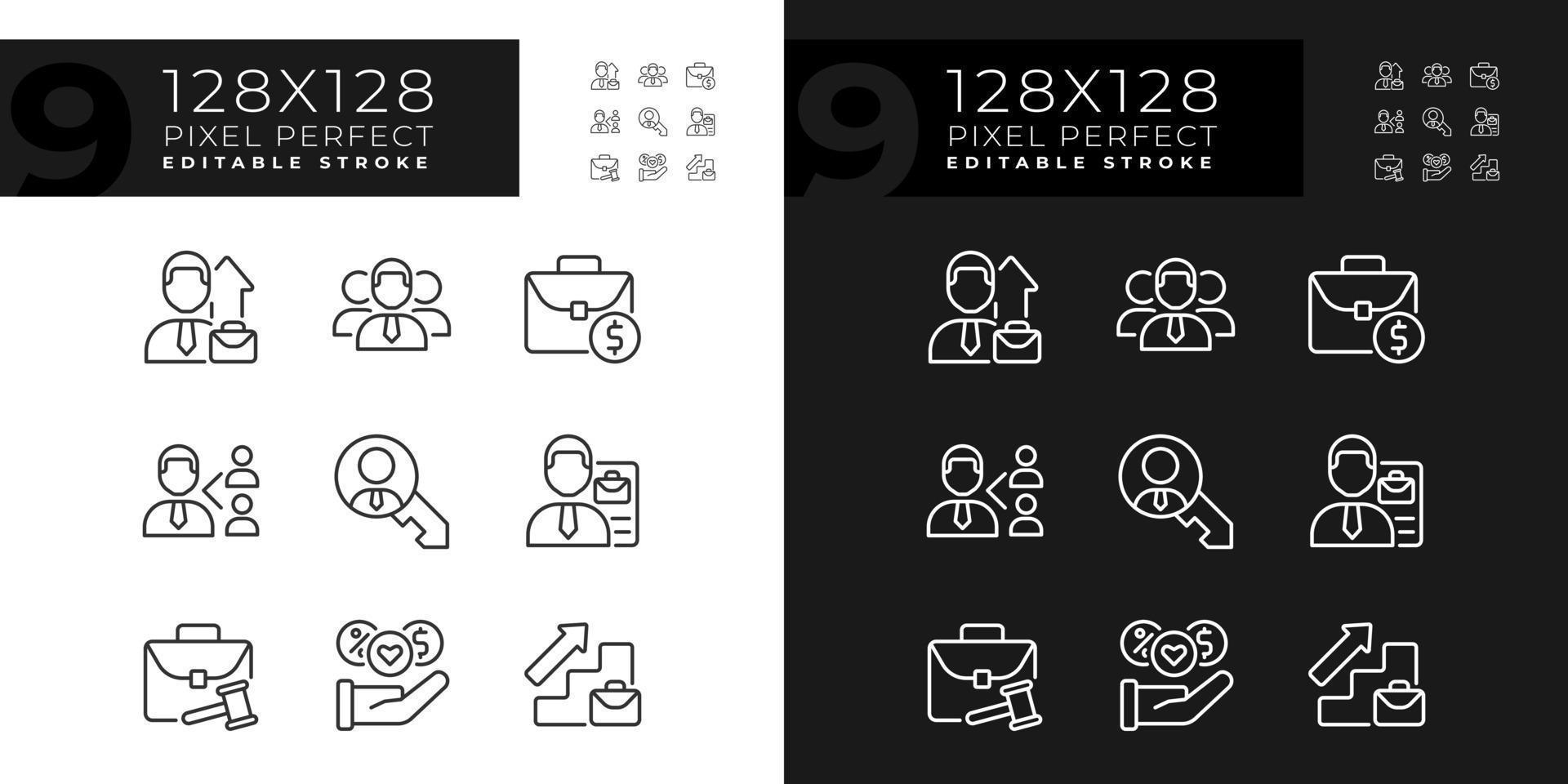 Job related pixel perfect linear icons set for dark, light mode. Hiring process. Company employee. Career development. Thin line symbols for night, day theme. Isolated illustrations. Editable stroke vector