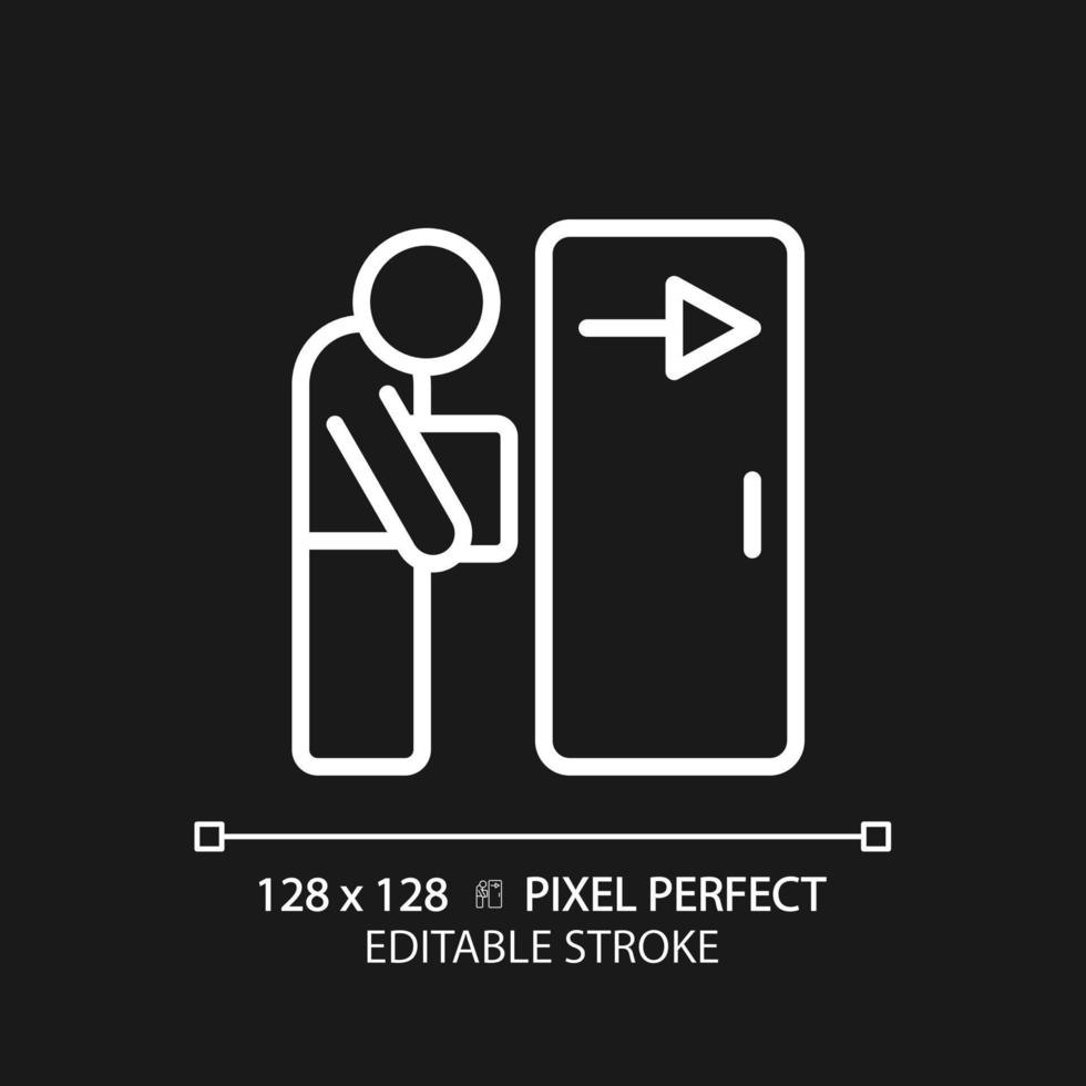 Dismissal pixel perfect white linear icon for dark theme. Fired employee. Work loss. Jobless person. Staff reduction. Thin line illustration. Isolated symbol for night mode. Editable stroke vector