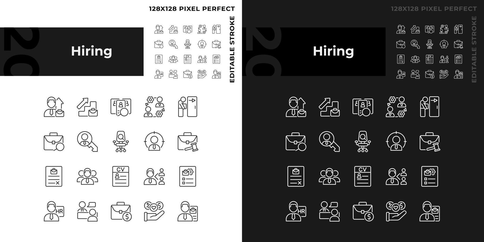 Hiring pixel perfect linear icons set for dark, light mode. Recruitment process. Company employee. Apply for position. Thin line symbols for night, day theme. Isolated illustrations. Editable stroke vector