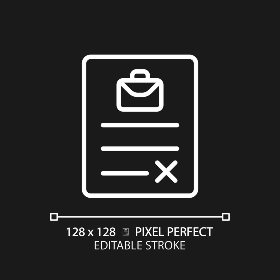 Employment contract pixel perfect white linear icon for dark theme. Company and employee agreement. Terms and conditions. Thin line illustration. Isolated symbol for night mode. Editable stroke vector
