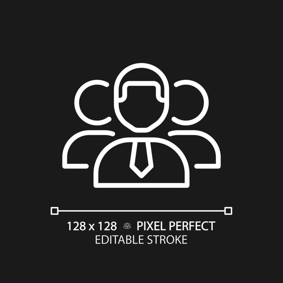 Personnel pixel perfect white linear icon for dark theme. Group of people working for company. Organization staff. Thin line illustration. Isolated symbol for night mode. Editable stroke vector