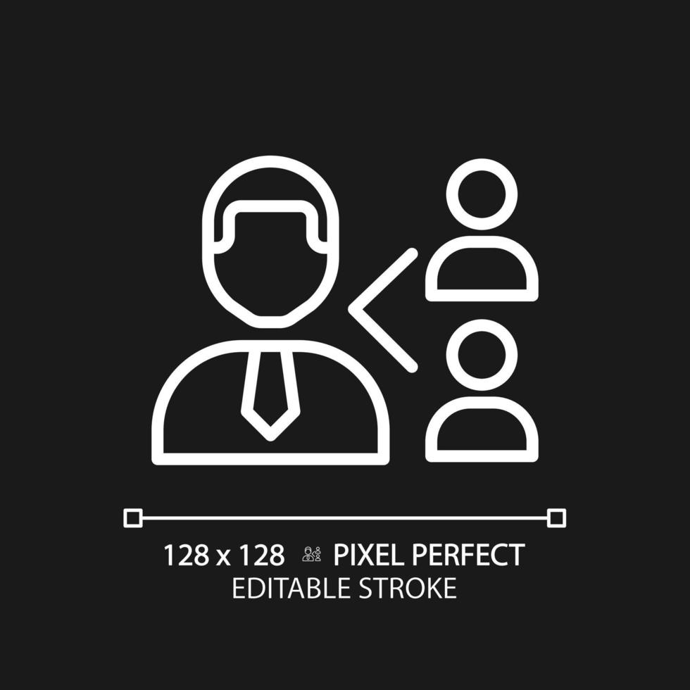 Employee referral pixel perfect white linear icon for dark theme. Recommend candidate for position. Recruitment process. Thin line illustration. Isolated symbol for night mode. Editable stroke vector