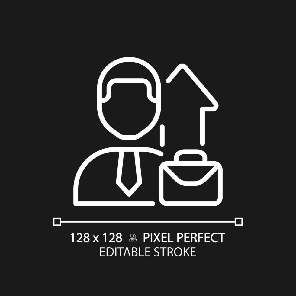 Job promotion pixel perfect white linear icon for dark theme. Career growth. Change work position. Businessman. Thin line illustration. Isolated symbol for night mode. Editable stroke vector