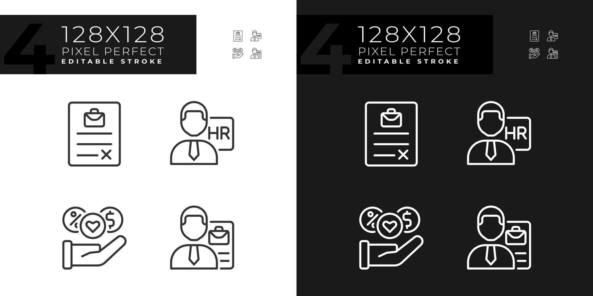 Job position benefits pixel perfect linear icons set for dark, light mode. Human resource manager. Sign contract. Thin line symbols for night, day theme. Isolated illustrations. Editable stroke vector