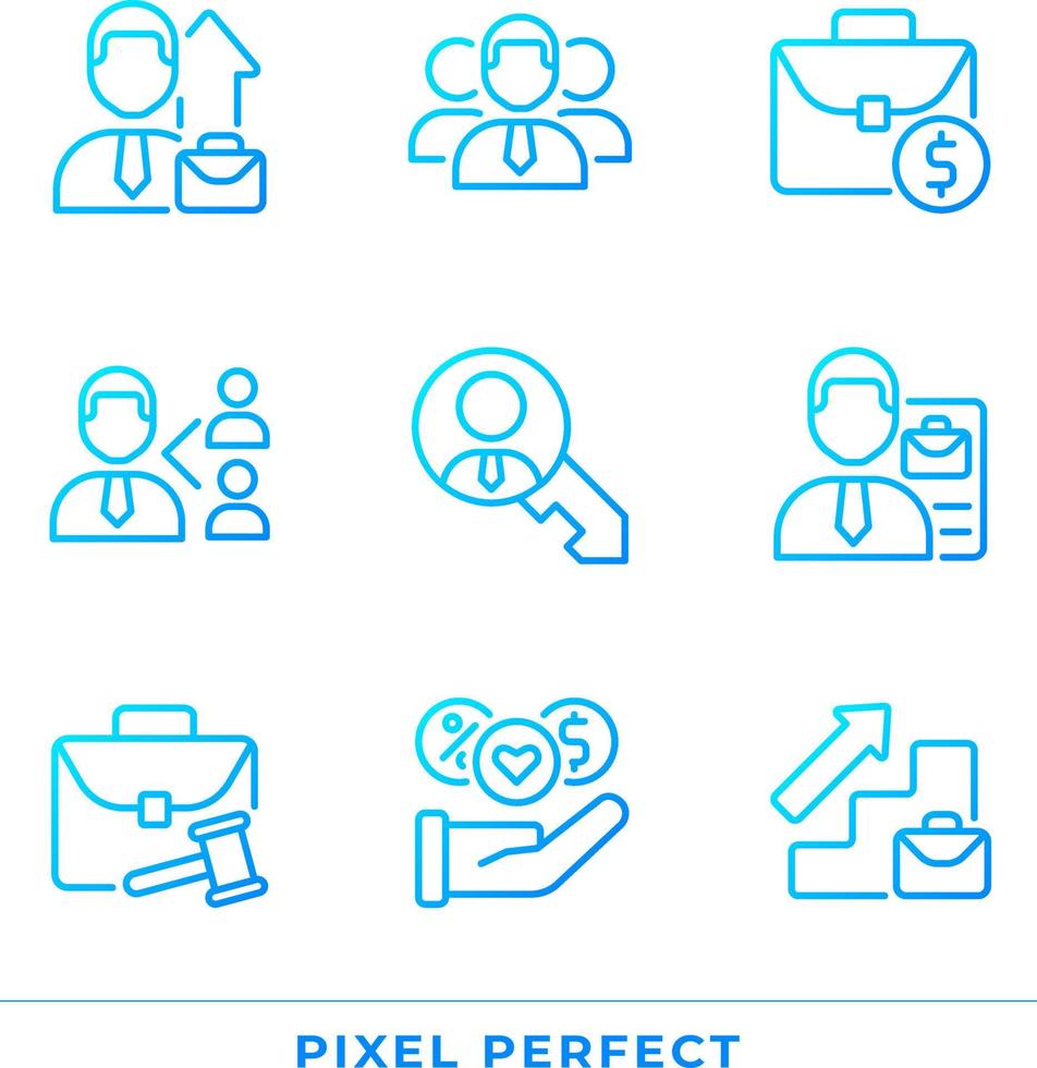 Job related pixel perfect gradient linear vector icons set. Hiring process. Company employee. Career development. Thin line contour symbol designs bundle. Isolated outline illustrations collection