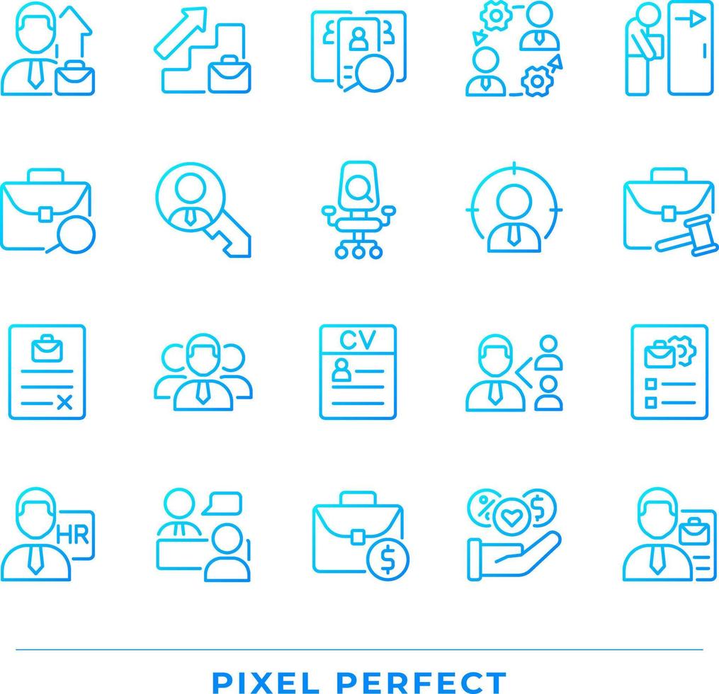 Hiring pixel perfect gradient linear vector icons set. Recruitment process. Company employee. Apply for position. Thin line contour symbol designs bundle. Isolated outline illustrations collection