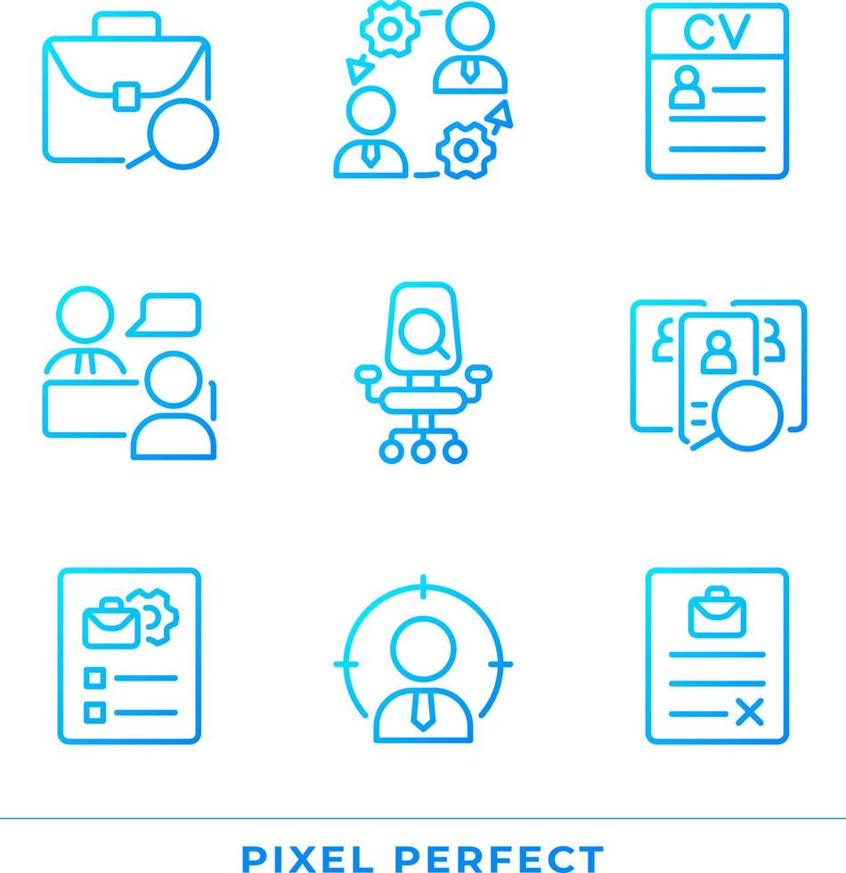 Hiring process organization pixel perfect gradient linear vector icons set. Application. Job interview. Employment. Thin line contour symbol designs bundle. Isolated outline illustrations collection