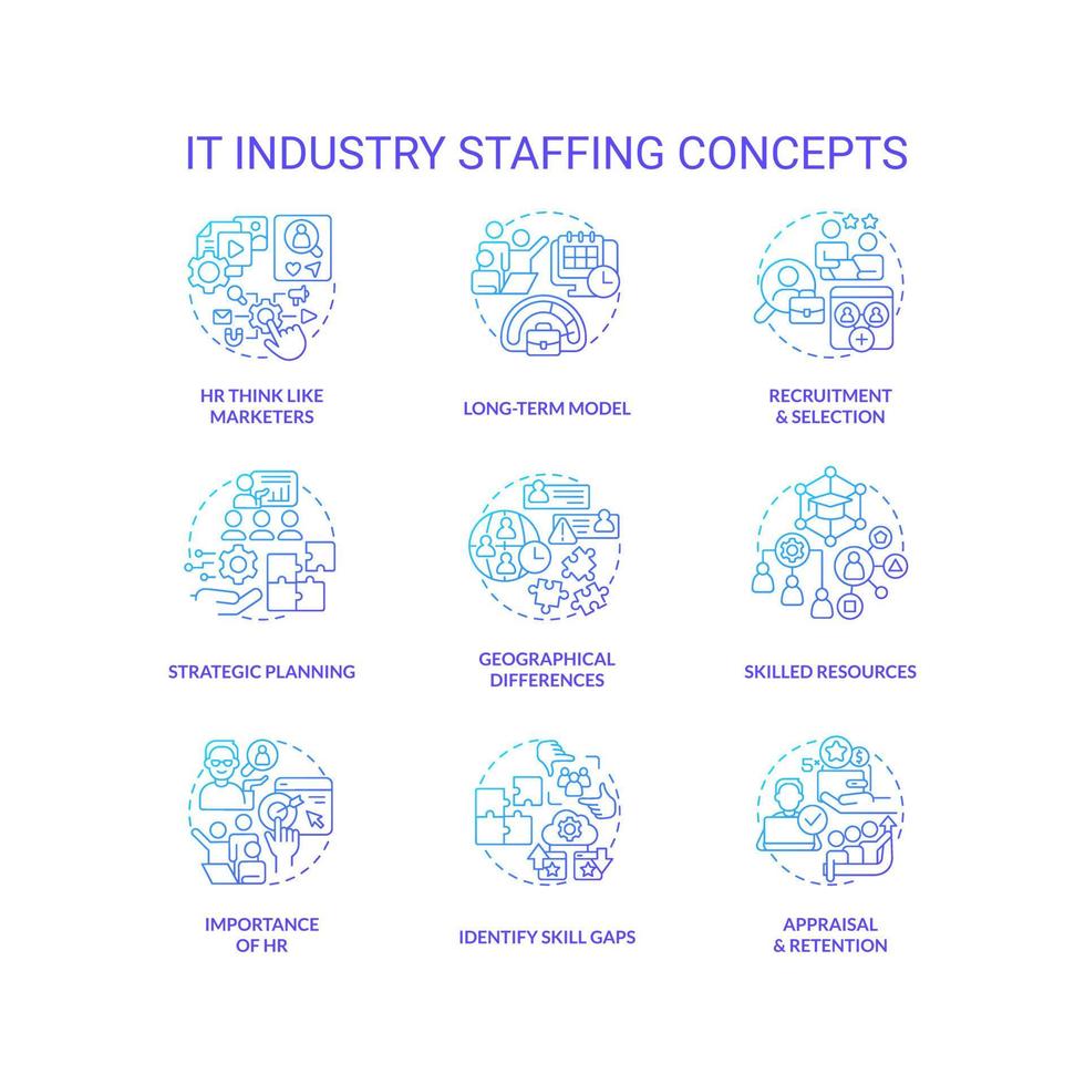 IT industry staffing blue gradient concept icons set. Human resource department. Select candidate idea thin line color illustrations. Isolated symbols vector