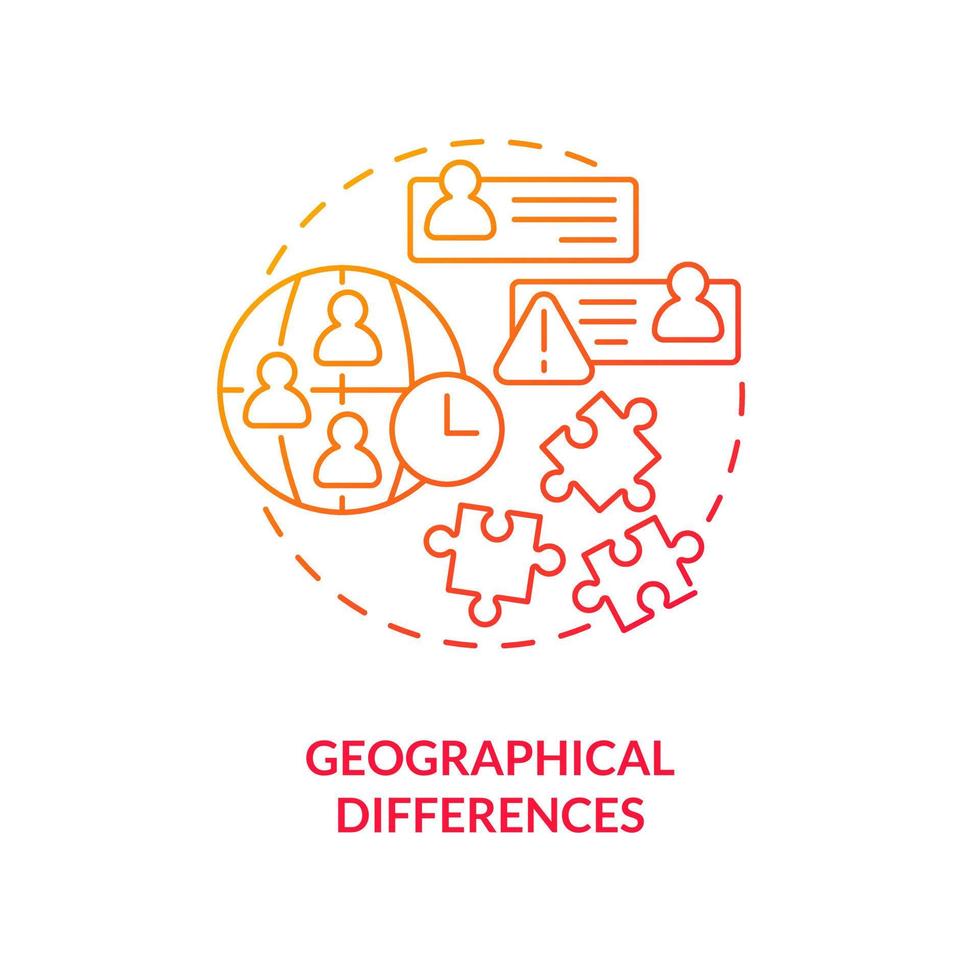 Geographical differences red gradient concept icon. Miscommunication. IT staffing service disadvantage abstract idea thin line illustration. Isolated outline drawing vector