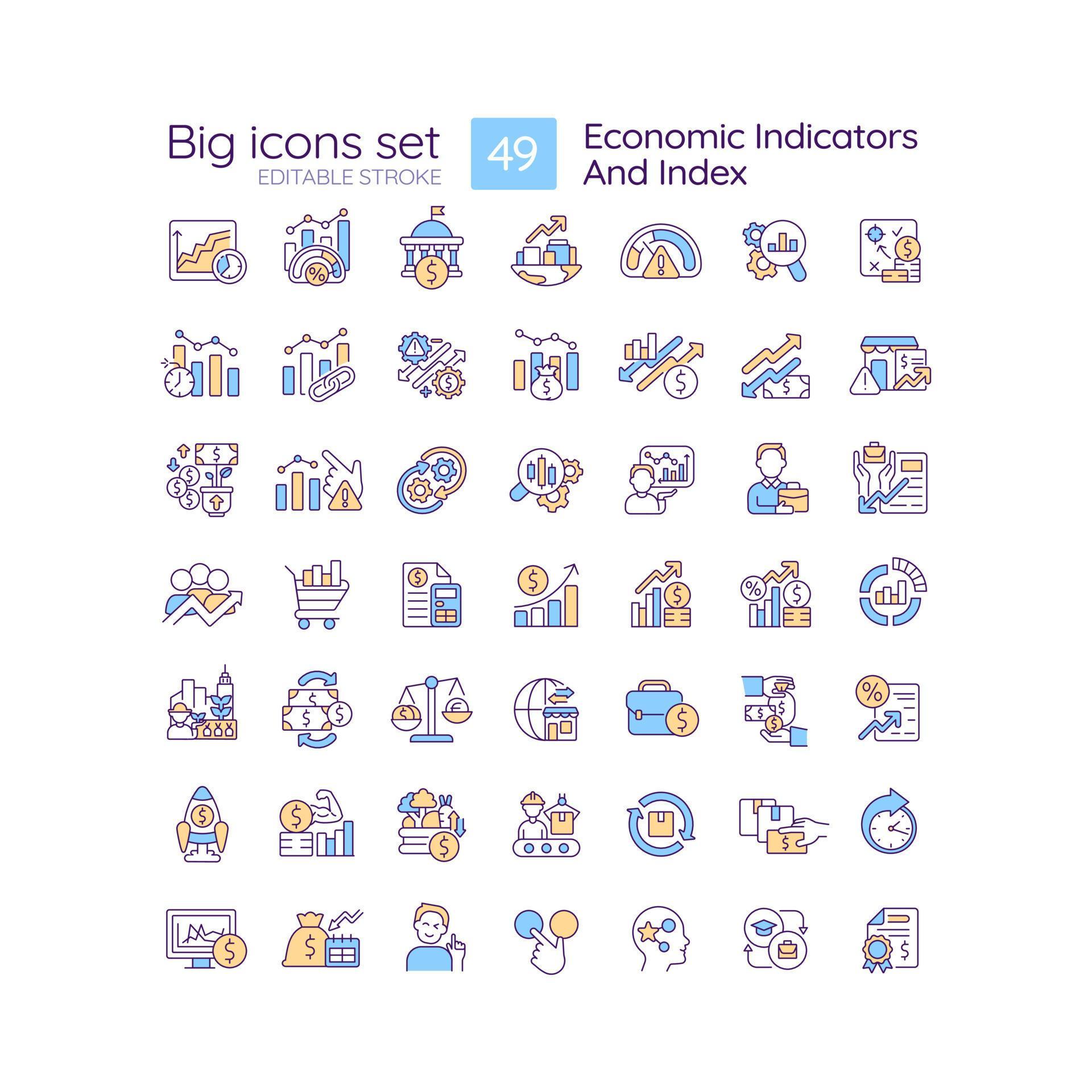 Economic indicators and index RGB color icons set. Prediction of
