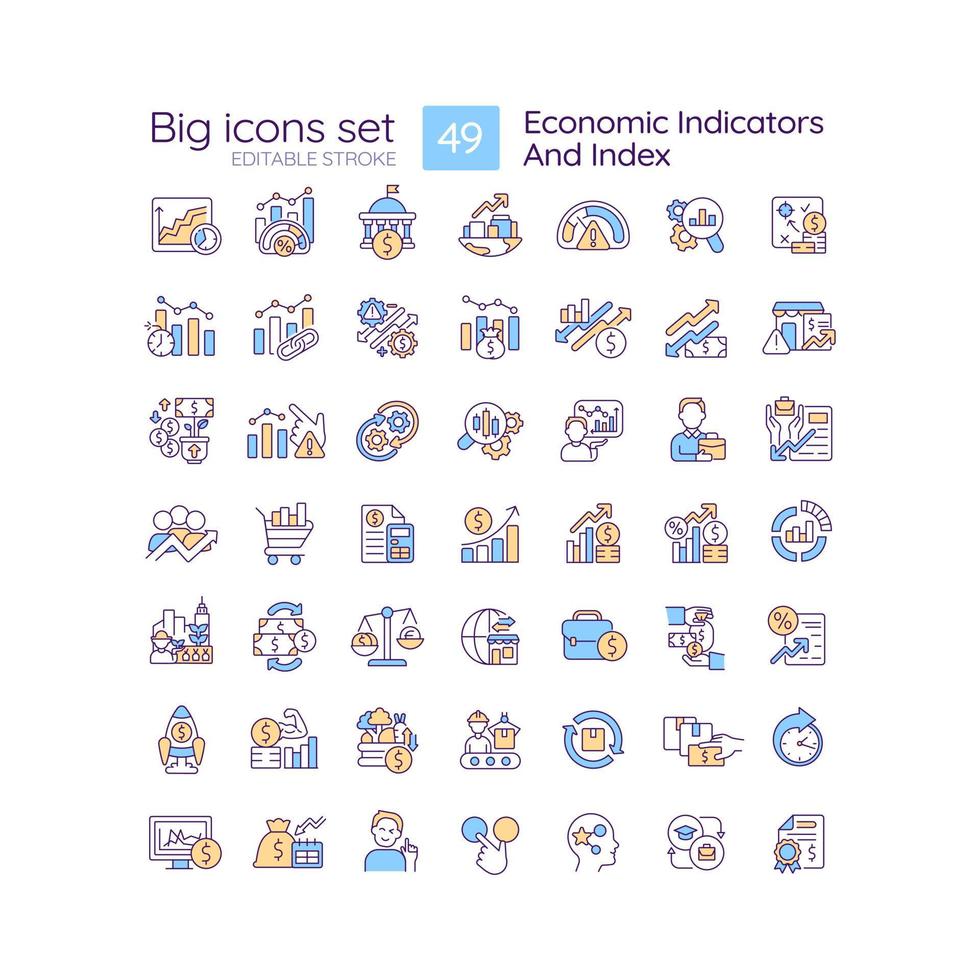 Economic indicators and index RGB color icons set. Prediction of business development. Analytics processes. Isolated vector illustrations. Simple filled line drawings collection. Editable stroke
