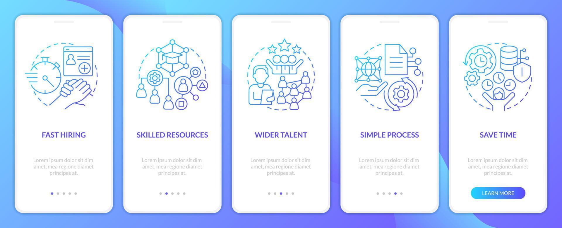 IT staffing service advantages blue gradient onboarding mobile app screen. Walkthrough 5 steps graphic instructions with linear concepts. UI, UX, GUI template vector