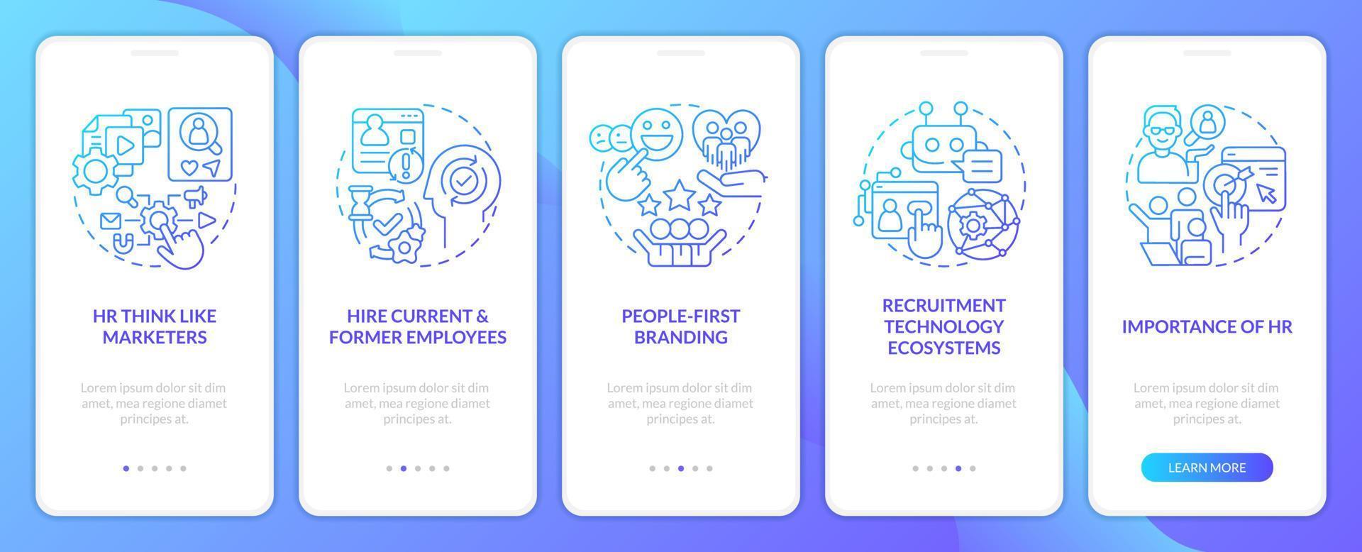 Recruitment trends blue gradient onboarding mobile app screen. Human resources walkthrough 5 steps graphic instructions with linear concepts. UI, UX, GUI template vector
