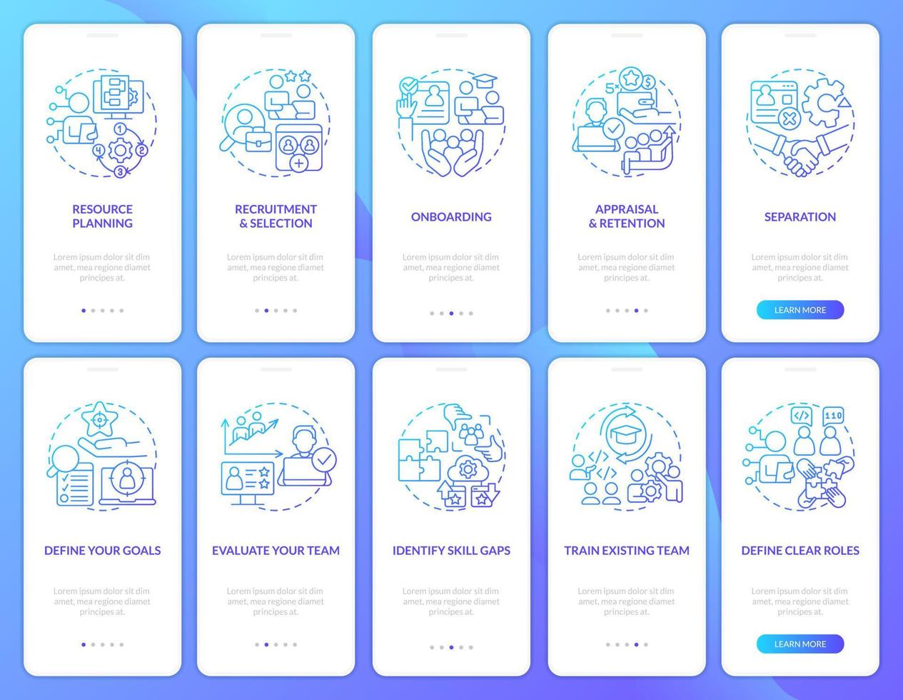 Information technology staffing blue gradient onboarding mobile app screens set. Walkthrough 5 steps graphic instruction with linear concepts. UI, UX, GUI template vector
