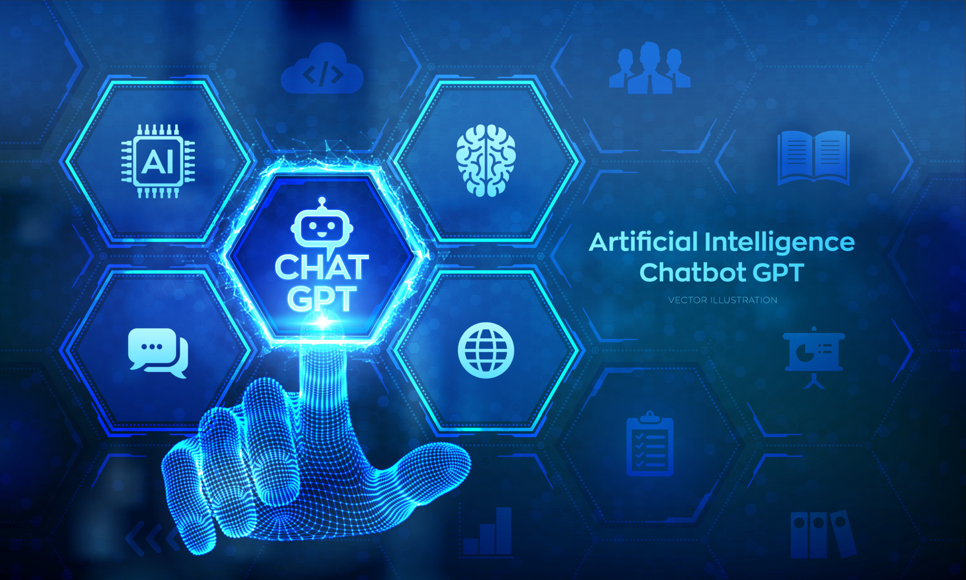 ChatGPT Chat GPT Chatbot With AI Artificial Intelligence Software   Chatgpt Chat Gpt Chatbot With Ai Artificial Intelligence Software Automation Technology Customer Support Center For Online Business Wireframe Hand Touching Digital Interface Illustration Vector 