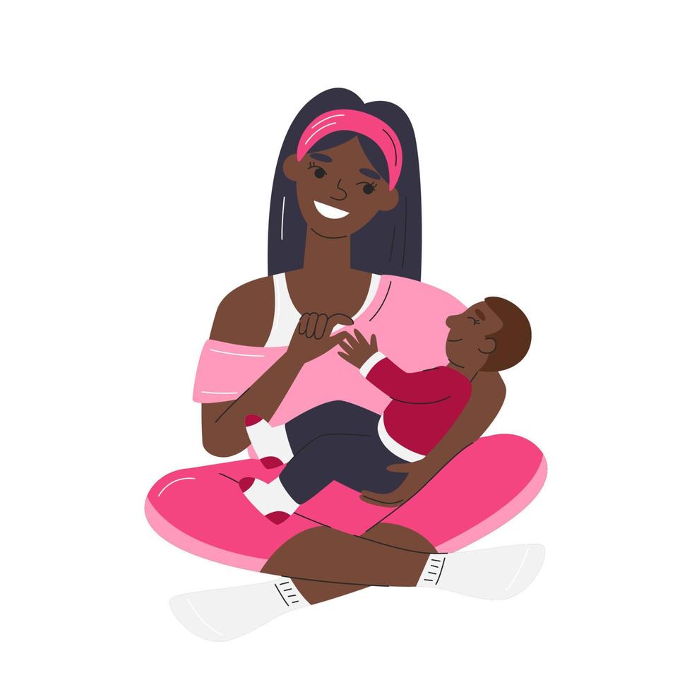 African american mom sitting on floor and holding baby boy. Cute moment of maternity leave. Black mommy touching hand of toddler son. Modern mother's day hand drawn flat vector illustration isolated