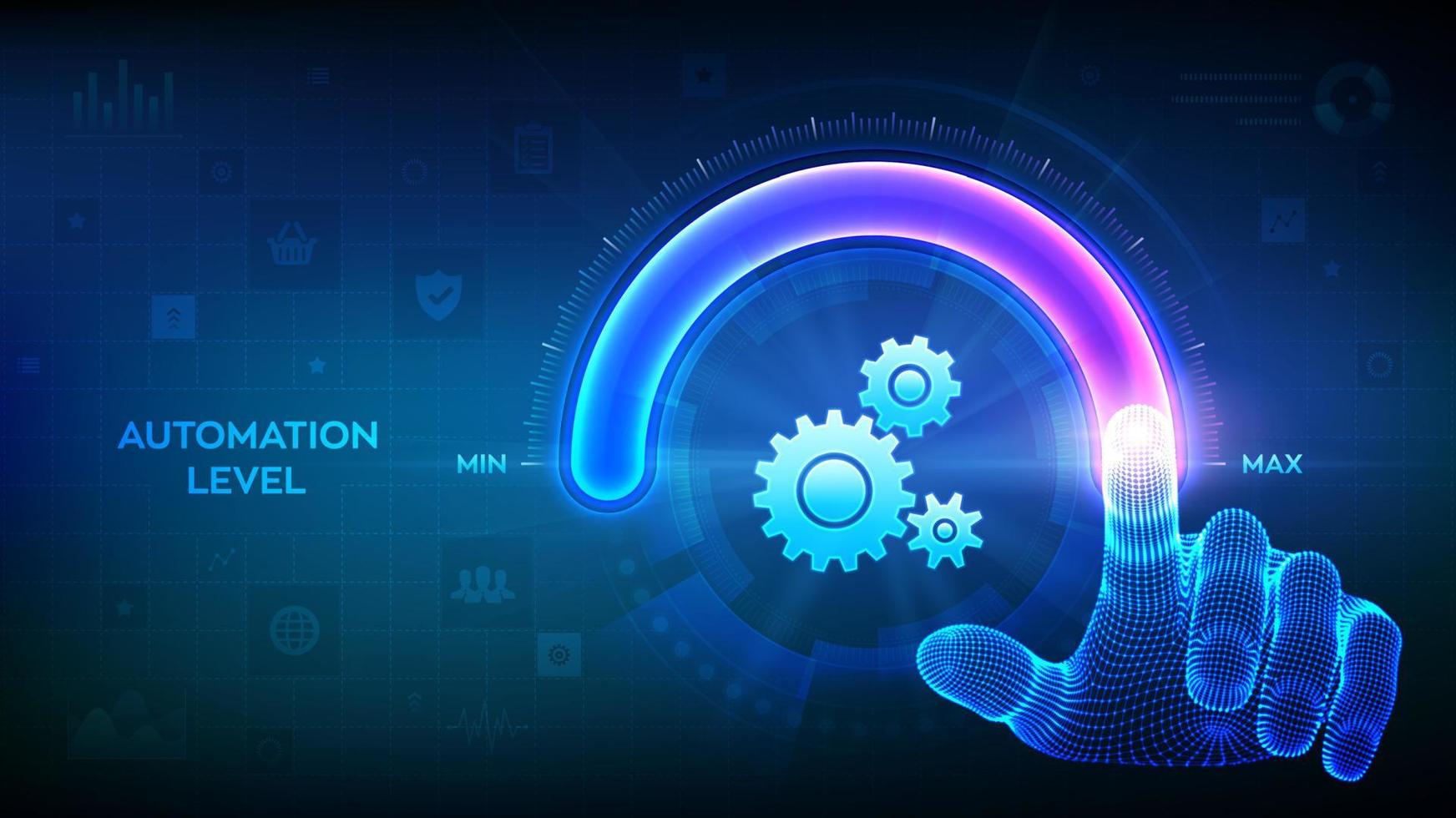 creciente automatización nivel. rpa robótico proceso automatización innovación tecnología concepto. estructura metálica mano es tracción arriba a el máximo posición circulo Progreso bar con el engranajes icono. vector. vector