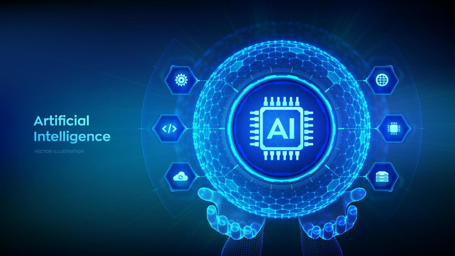AI. Artificial Intelligence in the shape of sphere with hexagon grid pattern in wireframe hands. Machine Learning Concept. Big data. Neural networks. AI and virtual technology. Vector illustration.