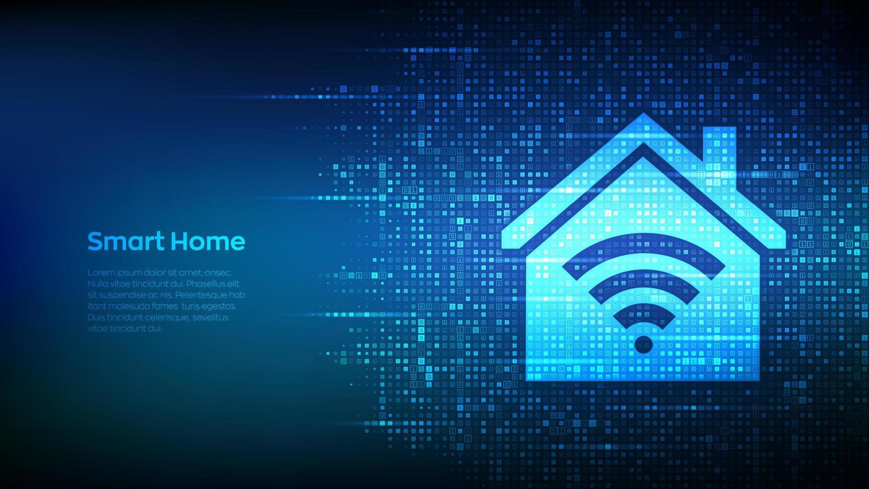 Smart home icon made with binary code. Automation control system concept. Smart home automation assistant. Binary data streaming digital code. Matrix background with digits 1.0. Vector illustration.