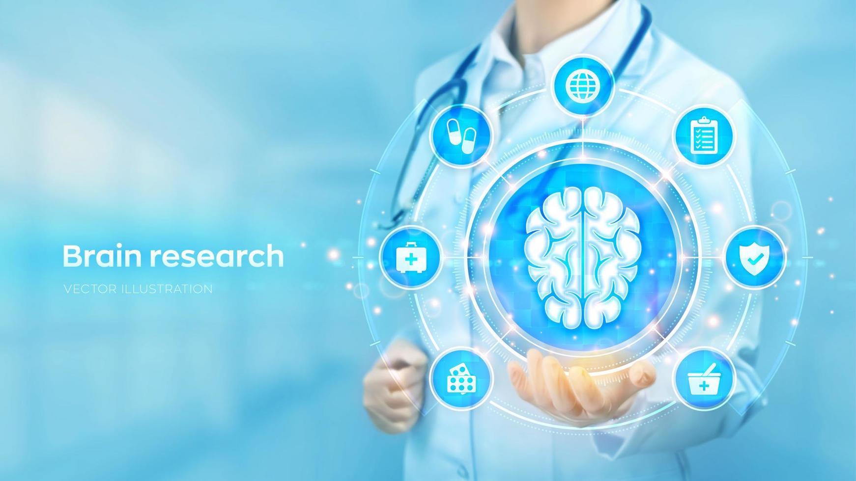 cerebro investigación. neurología. médico participación en mano el holograma de humano cerebro y médico íconos red conexión en virtual pantalla. innovador tecnología en Ciencias y medicamento. vector ilustración