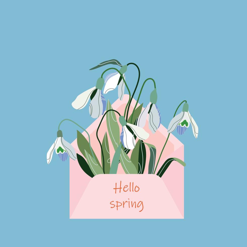 Hello Spring. Spring envelope with snowdrops. Vector illustration of spring flowers