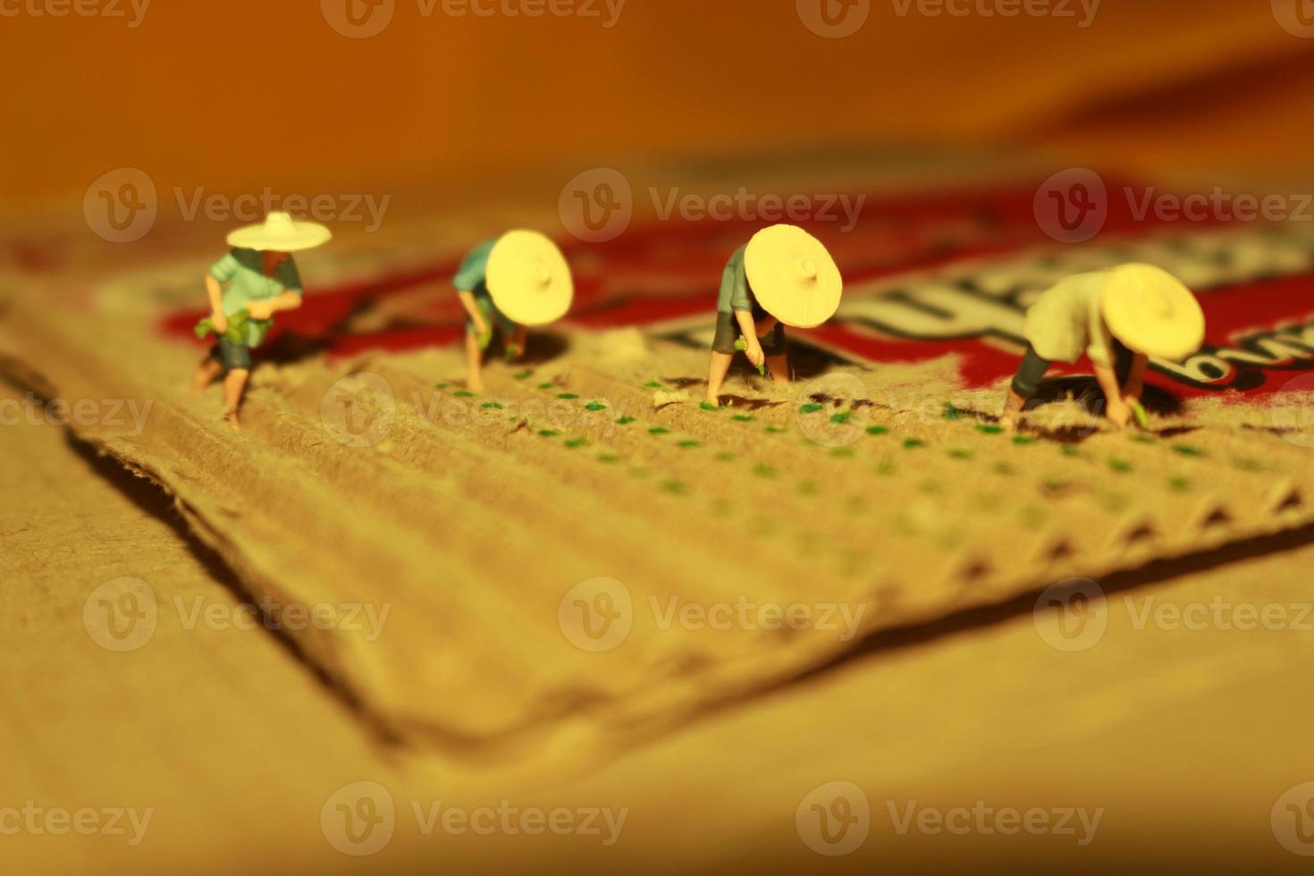 a close up of miniature figures of farmers who are farming on cardboard pieces like rice fields. farmer farming concept. photo