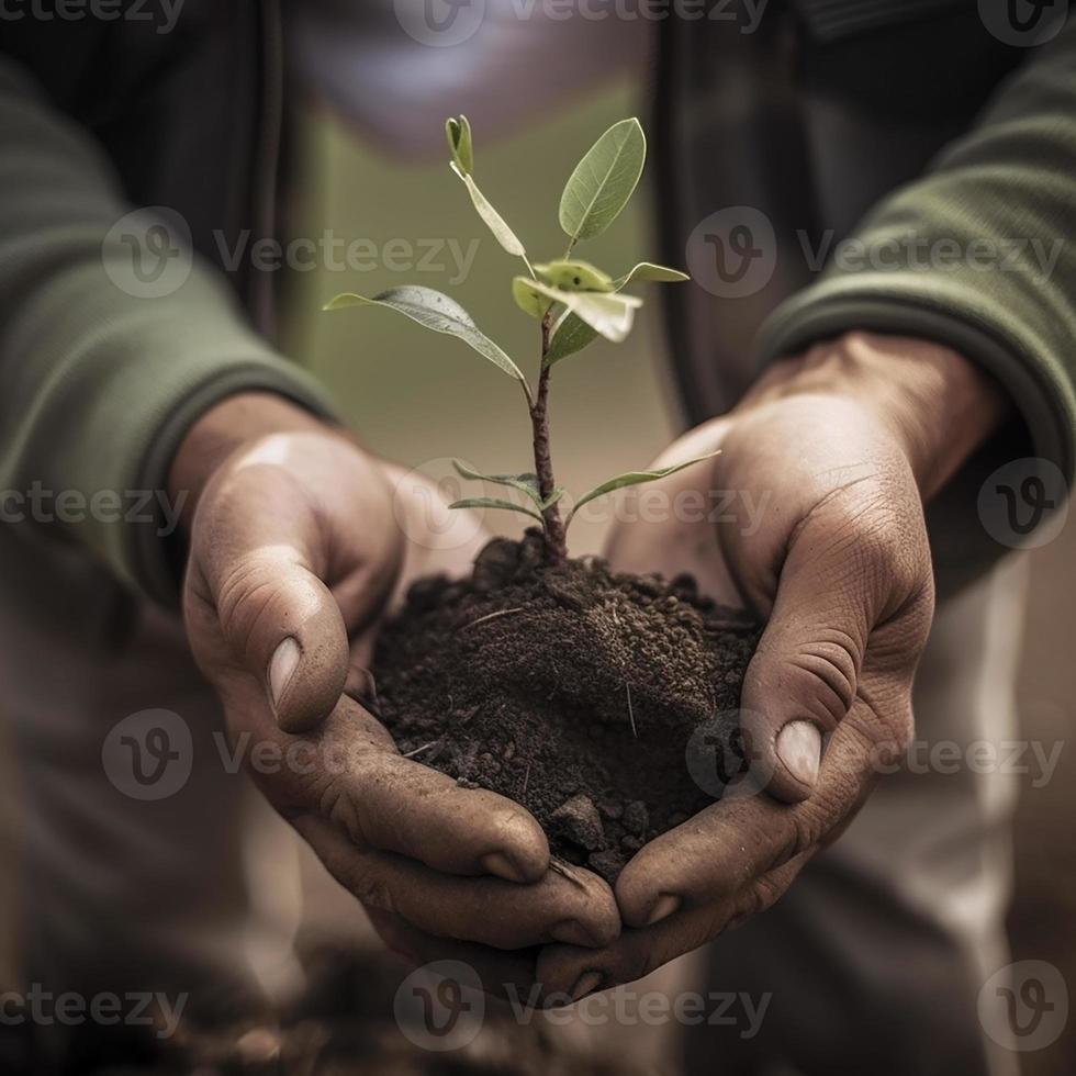 Male hands holding a tree sapling to be planted. save the planet with afforestation. Our green future. Generative AI photo